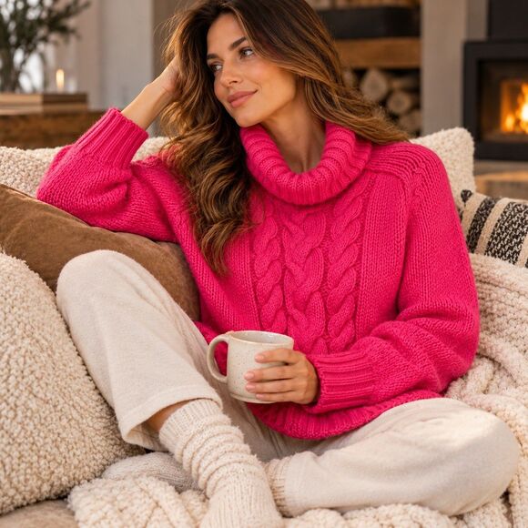 Express Sweaters - Express L Pink Fuchsia Cable Knit Sweater Merino Wool Angora Cashmere Cowl Neck